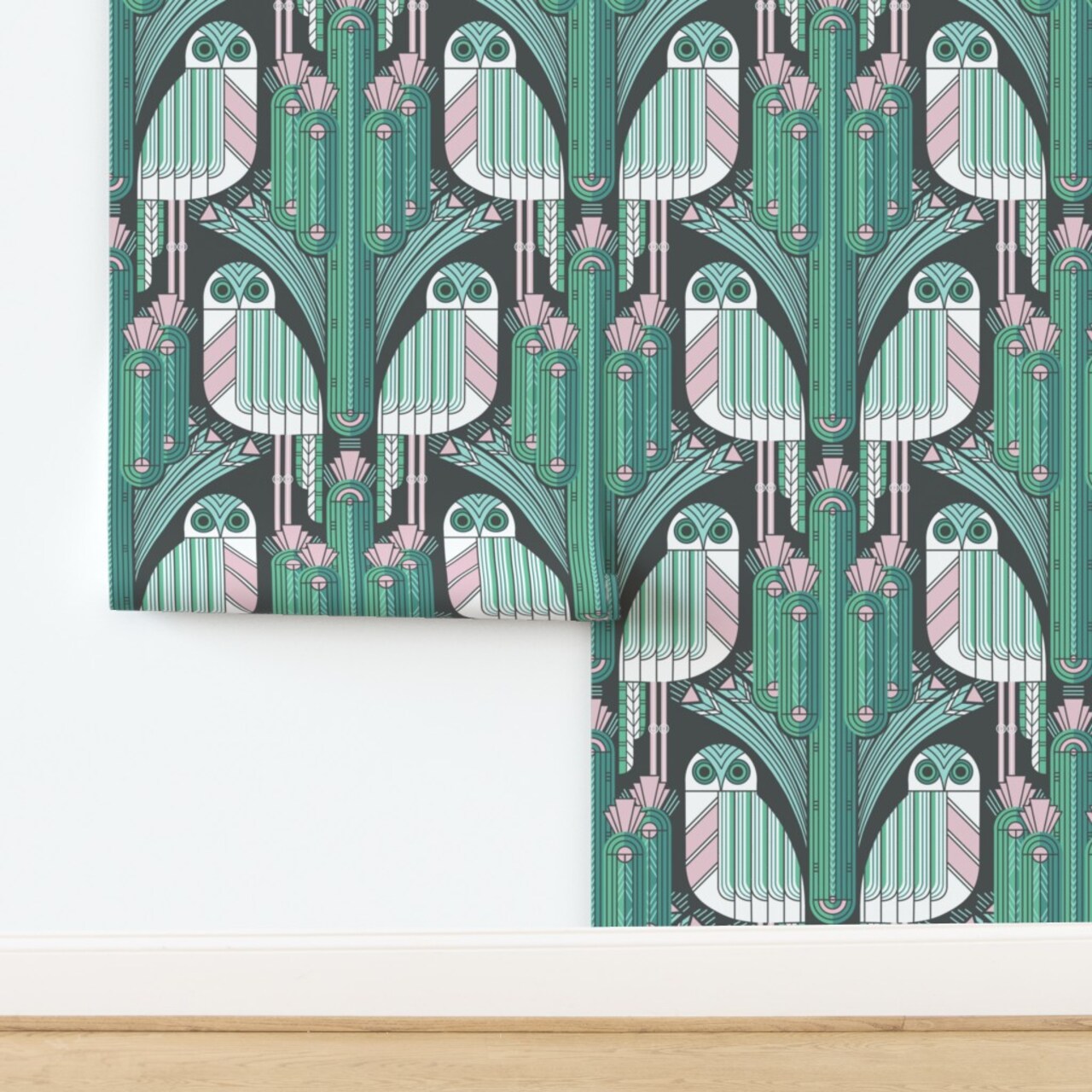 Art Deco Owls Teal Pastel Pink Aqua Saguaro Cactus Desert Southwest Custom Removable Wallpaper by Spoonflower Peel & Stick Wallpaper 2FT Wide